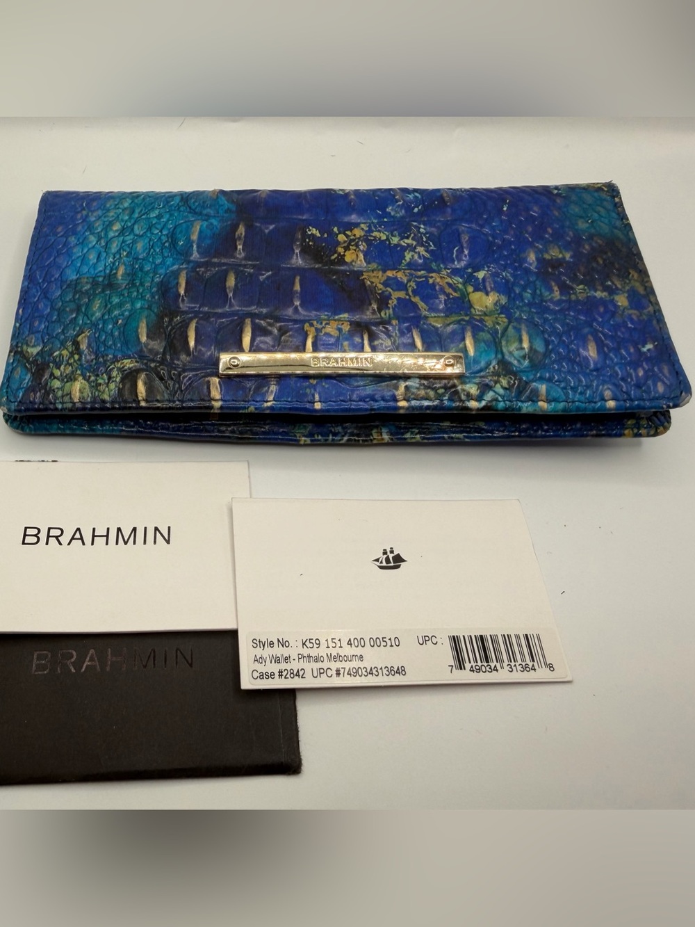 Brahmin Ady Wallet Phtalo Melbourne Blue Croc Embossed Leather Checkbook snap